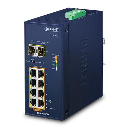 Planet PL-LGS-1020PTF Endüstriyel Yönetilemeyen Poe+ Switch (Industrial Unmanaged Poe+ Switch) Port 10/100/1000T 802.3At/Af Poe+ Injector Port (Port 1 İla Port 8 Arası) (Port Başına 30.8 Watt) (Poe Güç Bütçesi Maks. 240 Watt)