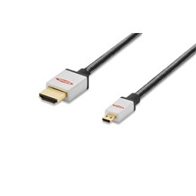 ED-84489 ednet Premium HDMI High Speed with Ethernet Bağlantı Kablosu (HDMI 1.4), 2160p, 4K, HDMI D (mikro) Erkek <-> HDMI A Erkek, 2 metre, AWG30, UL, 3x zırhlı, pamuk örgü kablo kılıfı, altın kaplama, gümüş/siyah renk