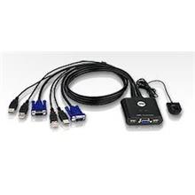 ATEN-CS22U 2 Port USB VGA KVM (Keyboard/Video Monitor/Mouse) Switch, Masaüstü Tip, KVM bağlantı kablosu ürüne gömülüdür