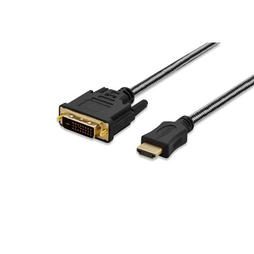 ED-84486 ednet Hdmi - Dvi Bağlantı Kablosu, 3 metre, Hdmi tip A, (19-pin) Erkek - Dvi-D (24+1) Erkek, AWG 30, 2 x zırhlı, pamuk örgü kablo kılıfı, gümüş/siyah renk, altın kaplama