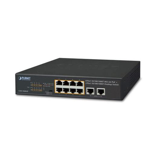 PL-GSD-1008HP Yönetilemeyen Masaüstü Tip Switch (Unmanaged Desktop Switch) 8-Port 10/100/1000T IEEE 802.3 at/af PoE+ Injector (Per port 30.8 watt) (PoE Güç Bütçesi maks. 120 Watt) 2-Port 10/100/1000T