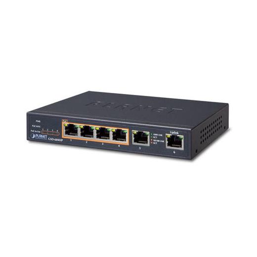 PL-GSD-604HP Yönetilemeyen Masaüstü Tip Switch (Unmanaged Desktop Switch) 4-port 10/100/1000T IEEE 802.3at/af PoE+ injector (Per port 30 watt) (PoE Güç Bütçesi maks. 55 Watt) 2-port 10/100/1000T