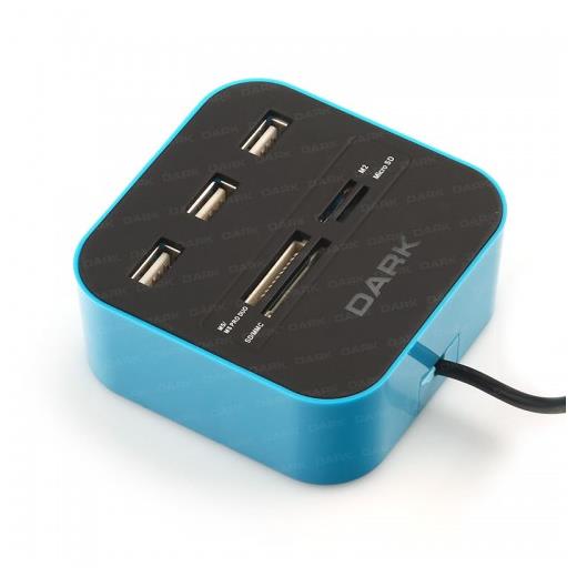 Dark Ucr202 Usb Microsd/Sd/Mmc/M2/Ms Pro Duo Kart Okuyuculu Usb Çoklayıcı (Mavi) DK-AC-UCR202BL