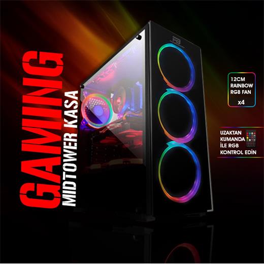 PowerBoost VK-G3902S USB3.0 Full Siyah Tempered Glass Halo Rainbow RGB Fan kasa (PSU Yok) VK-G3902S