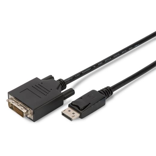 AK-340301-050-S DisplayPort <-> Dvi Kablosu, DP Erkek - Dvi (24+1) Erkek, 5 metre, kilit mekanizmalı,   AWG28, 2x zırhlı, DP 1.1a uyumlu, UL, CE, siyah renk