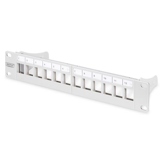 DN-91419 Digitus Modüler Patch Panel, zırhlı, 12-Port, Boş, 1U, 254mm (10"), Kabşnet'e Monte Edilebilir, Gri Renk RAL 7035<br>
Digitus Modular Patch Panel, shielded, 12-Port Blank,1U,254mm (10") Rack Mount, grey RAL 7035