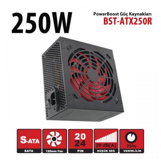 PowerBoost BST-ATX250R 250w, PPFC 12cm Kırmızı Fanlı ATX PSU (Retail Box) BST-ATX250R