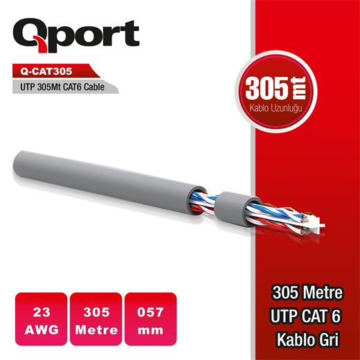 Qport Q-Cat6 305M Cat6 Kablo,23Awg,0.57Mm,Gri