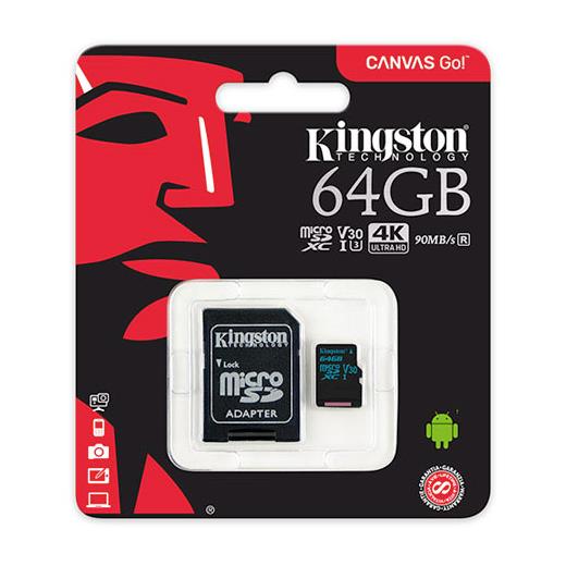 64GB MicroSD KINGSTON Canvas GO SDCG2/64GB U3 Class 10 Adaptörlü Hafıza Kartı 90mb/sn 45mb/sn