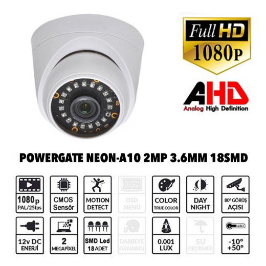 Powergate Neon-A10 2MP 18 Adet Led 30MT Gece Görüşü 3.6MM Lens Plastik Dome Kamera