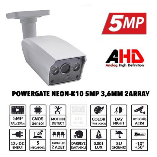 Powergate Neon-K10 5MP 2 Adet Array Led 40MT Gece Görüşü 3.6MM Lens Metal Bullet Kamera