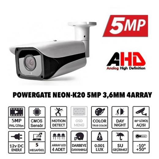 Powergate Neon-K20 5MP 4 Adet Array Led 70MT Gece Görüş 3.6MM Lens Dış Mekan Büyük Metal Kamera
