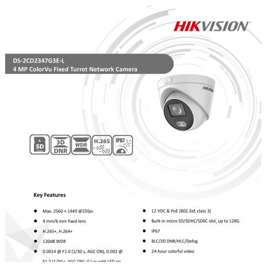 Hikvision DS-2CD2347G3E-L 4MP 2.8MM Lens H265+ 30MT Gece Görüşü Color Vu Full Time Color (Plastik+Metal Gövde) Mini Dome IP Kamera