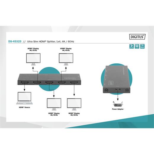 Digitus Ds-45323 Ultra İnce Hdmi Çoklayıcı 1X4 4K/60Hz Hdr Hdcp 2.2 18 Gbps