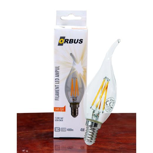 Orbus Orb-Tc3 4W Sarı Işık E14 B35 400lm 15.000 Saat Fılament Led Ampul (Avize)