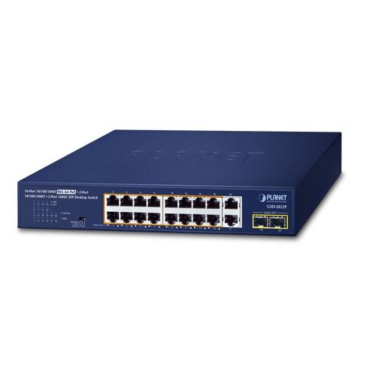 Planet PL-GSD-2022P Yönetilemeyen Masaüstü Tip Switch (Unmanaged Desktop Switch) 16-Port 10/100/1000T 802.3At/Af Poe+  (Port Başına 30.8 Watt) (Port-1 İle Port-16 Arası) (Poe Güç Bütçesi Maks. 185 Watt) 2-Port 10/100/1000T