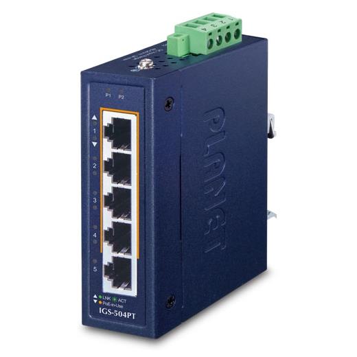 Planet PL-LGS-504PT Compact Industrial 4-Port 10/100/1000T 802.3At Poe + 1-Port 10/100/1000T Ethernet Switch (-40~75 Degrees C)
