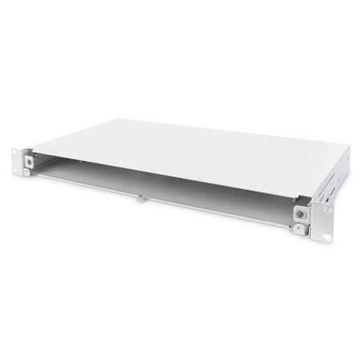 Assmann DN-96200-QL Sürgülü Boş Fiber Optik Sonlandırma Kutusu, Kilit Mekanizmalı, 1U, Ön Panel Haricen Temin Edilir, M20/M25 Vidalar Dahil, Gri Renk