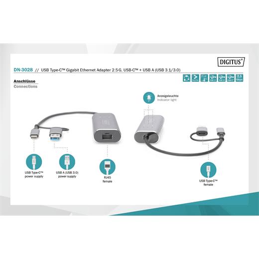 Assmann DN-3028 Digitus Usb Tip C™ Gigabit Ethernet Adaptörü 2.5G, Usb-C™ + Usb-A (Usb 3.1/3.0)≪Br≫Digitus Usb Type C™ Gigabit Ethernet Adapter 2.5G, Usb-C™ + Usb-A (Usb 3.1/3.0)