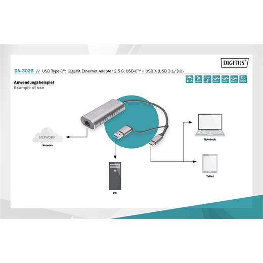 Assmann DN-3028 Digitus Usb Tip C™ Gigabit Ethernet Adaptörü 2.5G, Usb-C™ + Usb-A (Usb 3.1/3.0)≪Br≫Digitus Usb Type C™ Gigabit Ethernet Adapter 2.5G, Usb-C™ + Usb-A (Usb 3.1/3.0)