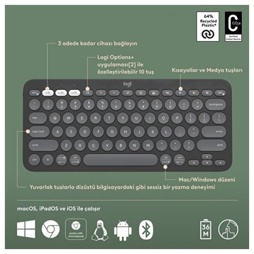 Logıtech K380S, Pebble Keys 2,  Siyah, 920-011859, Bluetooth, Türkçe, Q, Multimedya, Mini Klavye