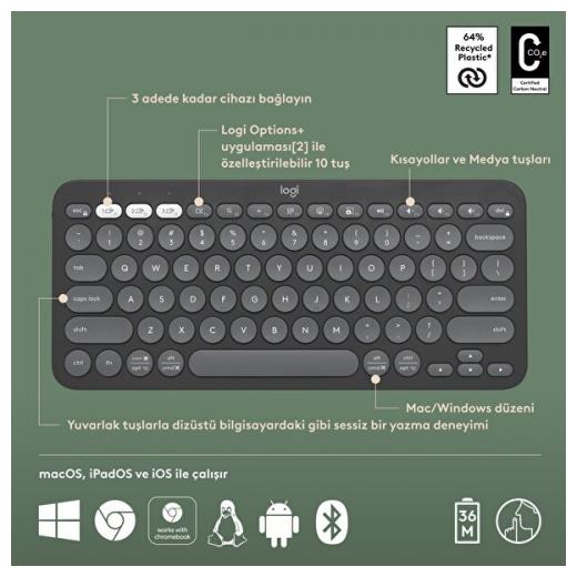 Logıtech K380S Pebble Keys 2  Siyah, 920-011859 Bluetooth Türkçe Q Multimedya Mini Klavye