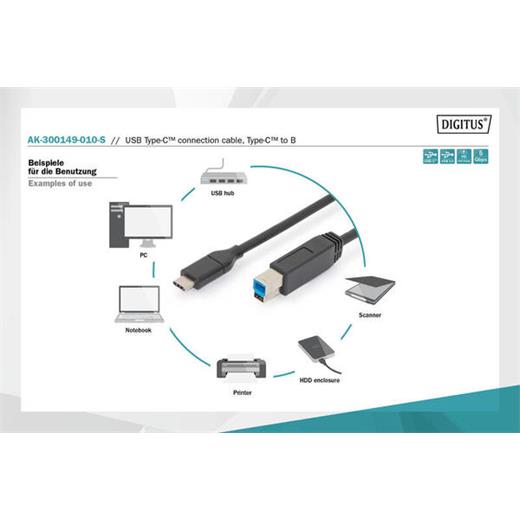 Digitus Ak-300149-010-S Usb Tip-C Bağlantı Kablosu Tip C (Usb 3.1) Erkek Tip B Erkek 1 Metre Gen2 3A 10Gb 3.1 Versiyon Ce Siyah Renk