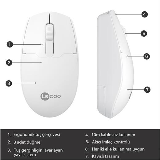 Lenovo Lecoo Usb Optik Kablosuz Mouse Beyaz Ws204-B 