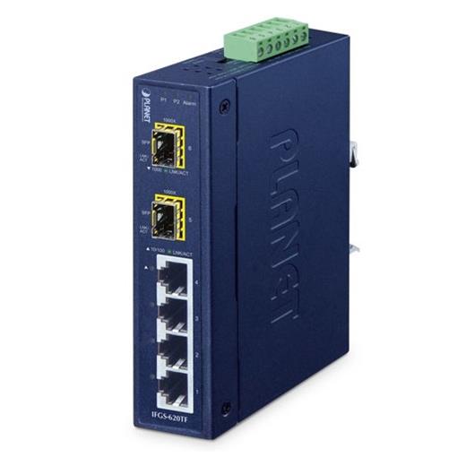 PL-IFGS-620TF Industrial 4-Port 10/100BASE-TX + 2-Port 1000BASE-X SFP Ring Ethernet Switch (-40 to 75 degree C, dual 9~48V DC/24V AC, Fiber ports Switch/Ring mode via DIP switch, super-fast, fault-tolerant ring redundancy, PROFINET traffic pass-thro
