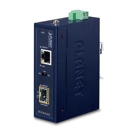 PL-IGT-815AT Endüstriyel Tip Kompakt Media Converter<br>
100/1000BASE-X <-> 10/100/1000BASE-T<br>
Industrial Compact 100/1000BASE-X to 10/100/1000BASE-T Media Converter
