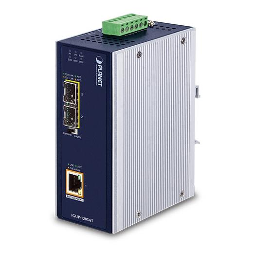 PL-IGUP-1205AT Endüstriyel 2-Port 100/1000X SFP <-> 1-Port 10/100/1000T 802.3bt PoE++ Media Converter<br>
Industrial 2-Port 100/1000X SFP to 1-Port 10/100/1000T 802.3bt PoE++ Media Converter