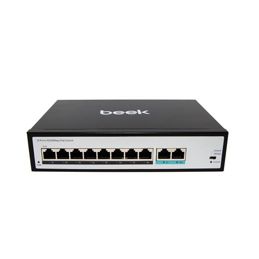 BN-FS-1080P Beek Yönetilemeyen PoE+ Switch<br>
8 x 10/100Mbps IEEE802.3af/at PoE+ port (Port başına 30.8 watt) (PoE Güç Bütçesi maks. 120 Watt)<br>
2 x 10/100BASE-T port<br>
4KV ESD<br>
Beek 8 Ports 10/100Mbps Unmanaged P