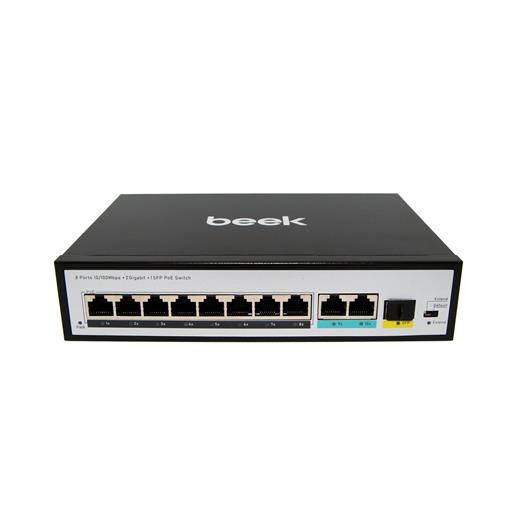 BN-FS-1083P2G1S Beek Yönetilemeyen PoE+ Switch<br>
8 x 10/100BASE-T IEEE802.3af/at PoE+ port (Port başına 30.8 watt) (PoE Güç Bütçesi maks. 120 Watt)<br>
2 x 10/100/1000BASE-T port (combo)<br>
1 x 1000 Base-X SFP yuva (combo)<