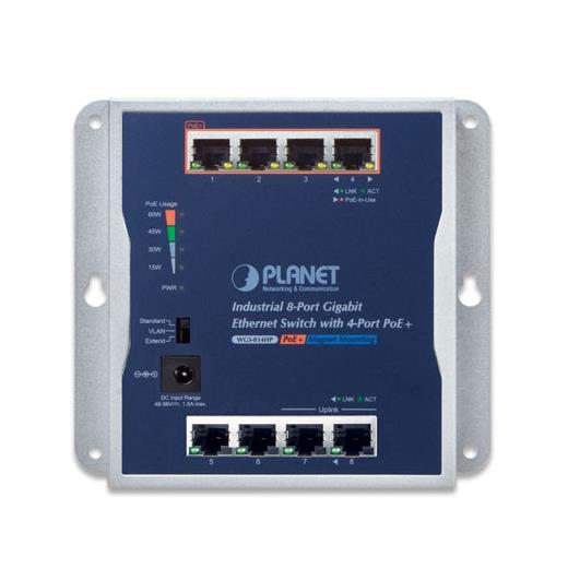 PL-WGS-814HP Endüstriyel Duvar Tip Yönetilemeyen PoE+ Switch (Industrial Unmanaged Wall-mounted PoE+ Switch)<br>
8-Port 10/100/1000BASE-T <br>
4-port IEEE 802.3at PoE+ Injector (Port-1 ila Port-4 arası) (Port başına 30.8 watt) (PoE Güç