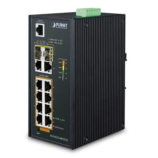 PL-IGS-4215-8P2T2S Endüstriyel Tip Yönetilebilir Ethernet Switch (Industrial Managed Ethernet Switch)<br>
8-Port 10/100/1000Base-TX 802.3at/af PoE+ Injector (Port başına 30.8 watt) (PoE Güç Bütçesi maks. 240 watt) (Port-1 ve Port-8 arası)<
