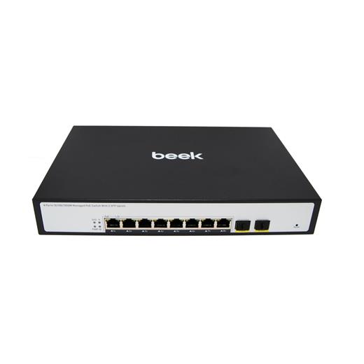BN-GS-2082PW Beek L2 Yönetilebilir PoE Switch<br>
8 x 10/100/1000Mbps IEEE802.3af/at PoE+ port (Port başına 30.8 watt) (PoE Güç Bütçesi maks. 120 Watt) <br>
2 x 10/100/1000BASE-T SFP yuva<br>
Beek 8 Port Gigabit Managed PoE Swit