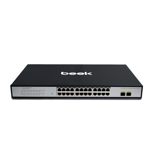 BN-GS-2242PSW Beek L2 Web Smart Switch<br>
24 x 10/100/1000Mbps IEEE802.3af/at PoE+ port (Port başına 30.8 watt) (PoE Güç Bütçesi maks. 300 Watt)<br>
2 x 1000Base-X SFP yuva (1.25Gbps SFP Uplink port) (combo)<br>
6KV surge korum