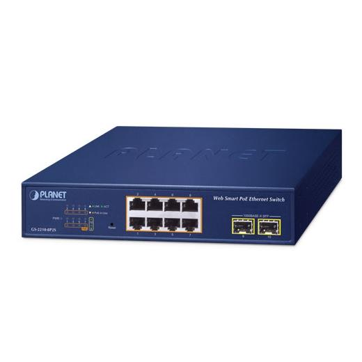 PL-GS-2210-8P2S Layer 2 Web Smart Ethernet Switch<br>
8-Port 10/100/1000T IEEE802.3af/at PoE+ port (Port başına 30.8 watt) (PoE Güç Bütçesi maks. 120 Watt)<br>
2-Port 1000X SFP yuva<br>
8-Port 10/100/1000T 802.3at PoE + 2-Port 1