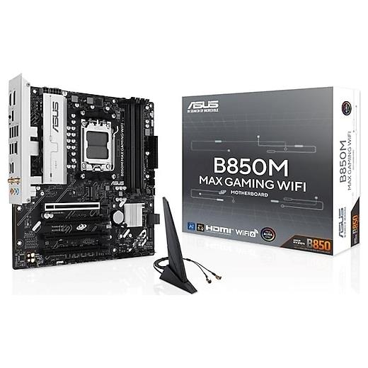 ASUS MB B850M MAX GAMING WIFI AMD B850 AM5 DDR5 8000 DP HDMI 3X M2 USB3.2 WİFİ 6 + BT AURA RGB MATX 256GB’A KADAR RAM DESTEĞİ, 8+2+1 GÜÇ AŞAMALARI, 1X