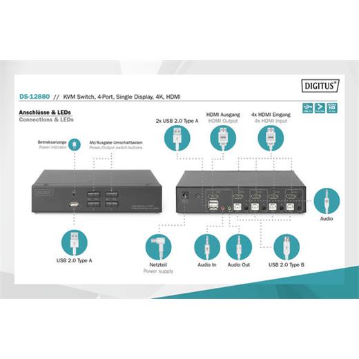 DS-12880 Digitus 4 Port USB 2.0 HDMI Tek Ekran Bağlantılı, 4K, KVM (Keyboard/Video Monitor/Mouse) Periferi (Çevre Cihazlarla (USB) Bağlantı Kurabilir) Switch, KVM bağlantı kablosu ürün beraberinde gelmektedir<br>Digitus 4 Port USB 2.0 HDMI S