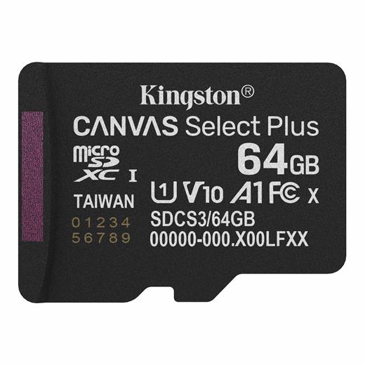 Kingston SDCS3/64GBSP 64GB microSDXC Canvas Select Plus Gen3 100R A1 Single Pack w/o ADP