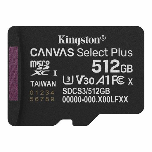 Kingston  SDCS3/512GBSP 512GB MicroSDXC Canvas Select Plus Gen3 150R A1 Single Pack w/o ADP