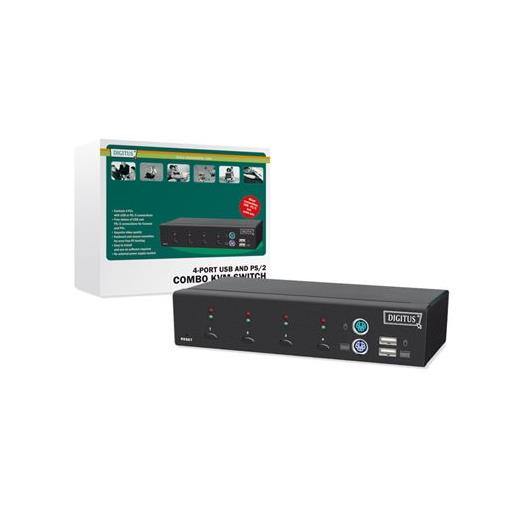 DC-12202-1 Digitus 4 portlu PS/2 ve USB KVM (Keyboard/Video Monitor/Mouse) Switch, Masaüstü Tip, KVM bağlantı kablosu ilave olarak temin edilmelidir 