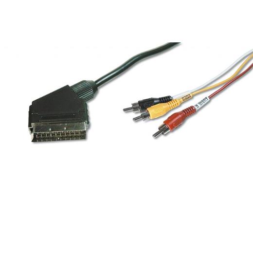 AK-107036 Scart Bağlantı Kablosu, Scart erkek 21 pin  lt;== gt; 3 x RCA erkek plug, 5 metre, CCS, 1 x 0.4mm / 2 x 0.10/10, zırhlı, siyah renk