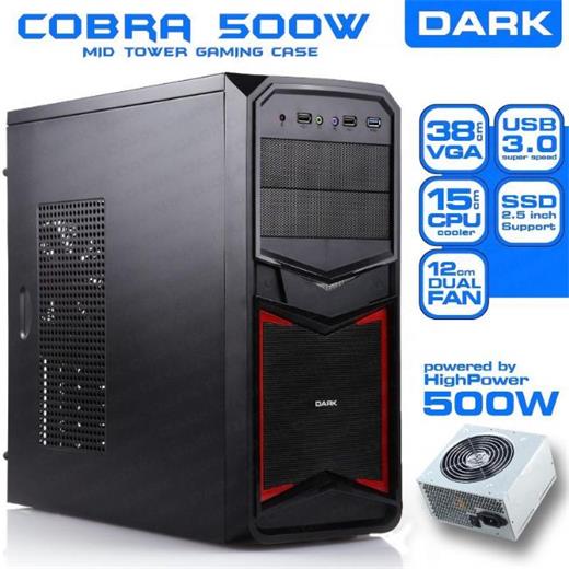 Dark Cobra 500W USB 3.0, 2 x 12cm Fan ATX Siyah/Kırmızı Kasa