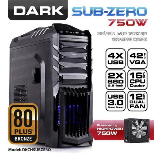 Dark Sub-Zero 80+ 750W, 4xUSB, 2x Fan,ATX Siyah Kasa