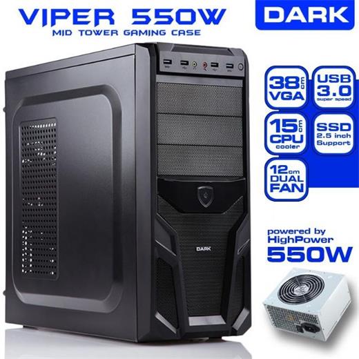 Dark Viper 550W 2xUSB 3.0, 2x 12cm Fan SSD Ready ATX Siyah/Kırmızı Oyuncu Kasası