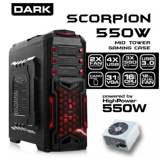 Dark Scorpion 550W 2xUSB3.0, 2xUSB2.0 2x12 cm Fan, Kart Okuyuculu ve Fan Kontrolcülü, SSD Ready ATX Siyah Oyuncu Kasası