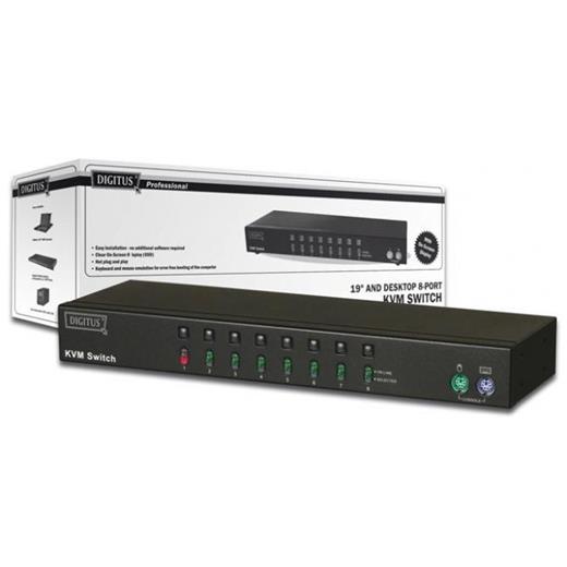 DS-13112 Digitus 8 portlu PS/2 KVM (Keyboard/Video Monitor/Mouse) Switch, OSD fonksiyonlu,  mouse klik özelliği, Kabin Tipi, KVM bağlantı kablosu