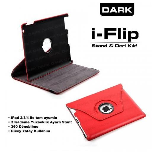 Dark i-Flip Kırmızı Ipad2/3/4 için 360 Derece Hareketli Yatay / Dikey 3 Kademeli Stand ve Deri Kılıf